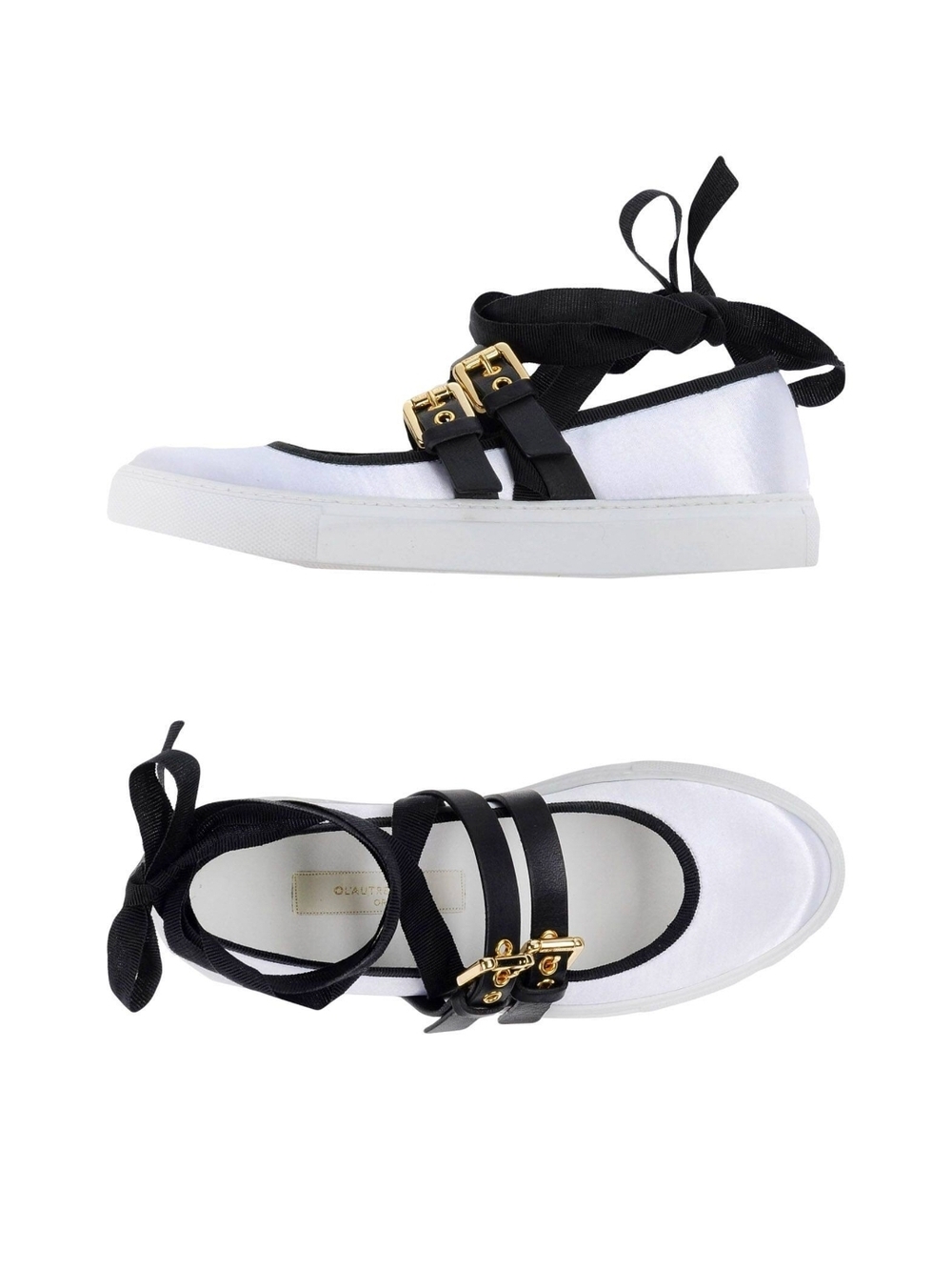 White Canvas Ballet-Style Flats with Black Straps and Gold Buckles